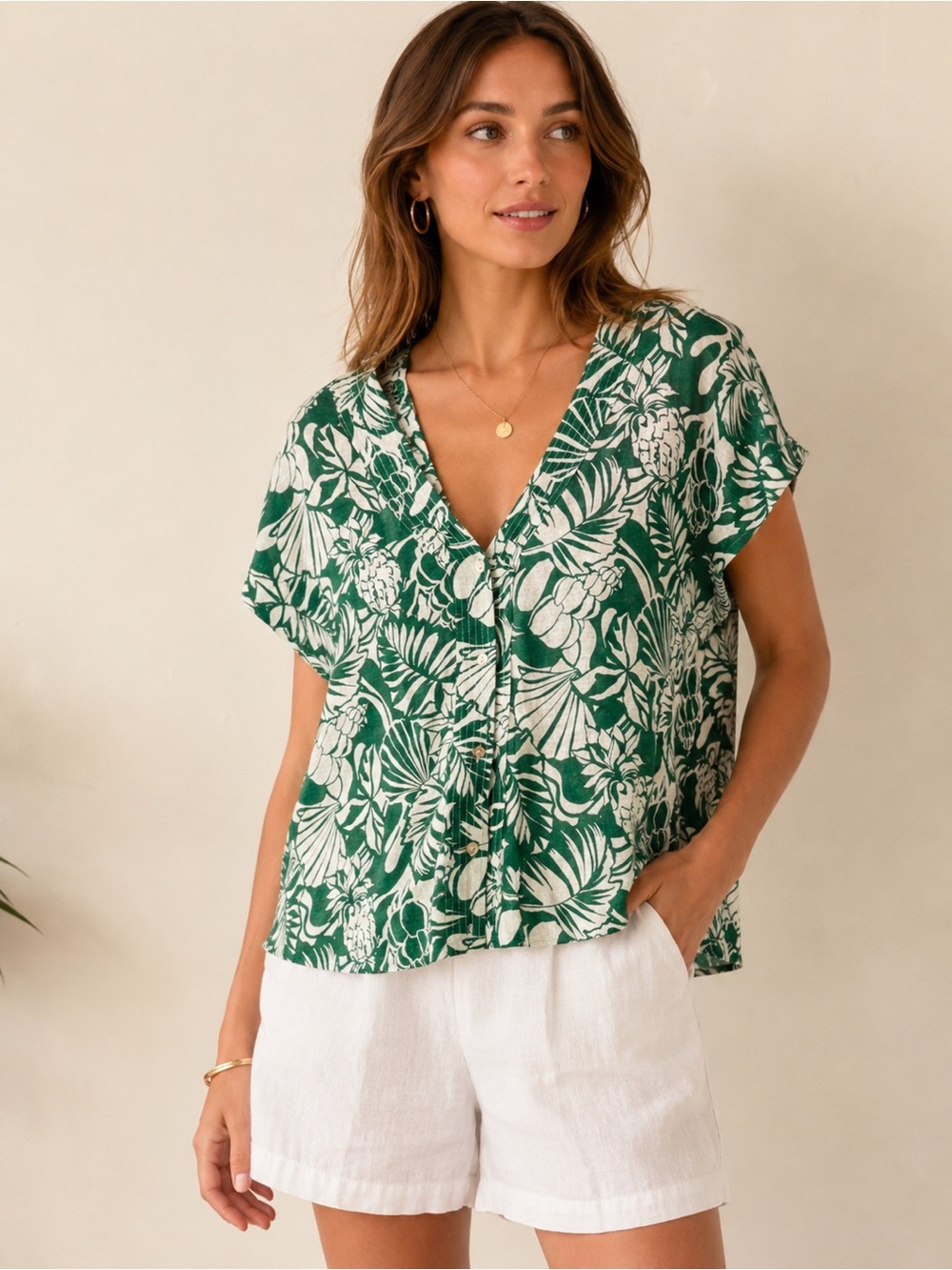 Joie Greene and White Floral Button-Front V-Neck Linen Top